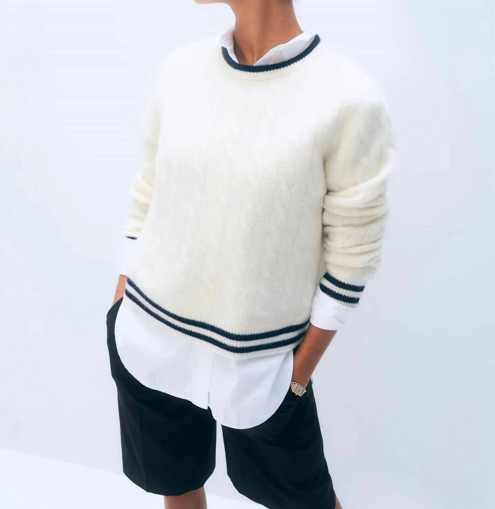 NEW WHITE + WARREN cashmere varsity cable crew top in white/navy